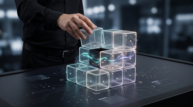 Hand assembling glowing digital data blocks into structure representing information technology infrastructure and cloud systems management on dark interface surface