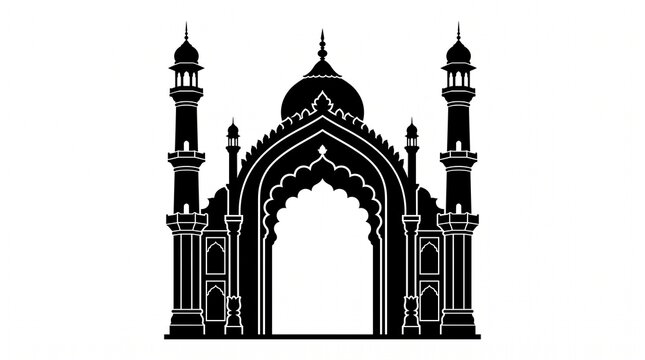 Black silhouette of mosque gateway traditional Islamic architecture vector
