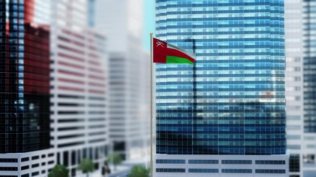 Oman Flag 3D Render Animation Waving in Front of Modern Glass Buildings - Daytime