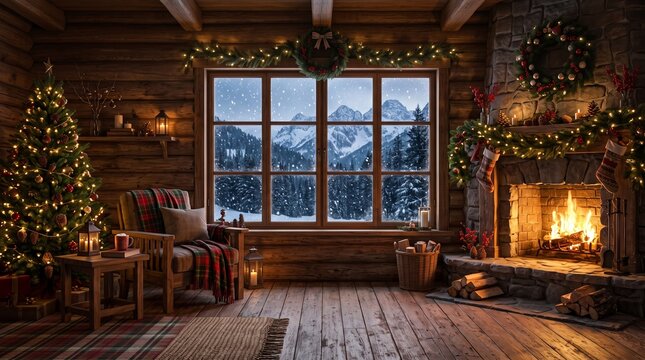 Cozy winter cabin interior with a snowy landscape view