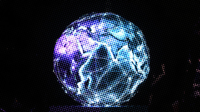 Glowing digital globe with network connections in a stylized halftone dot pattern