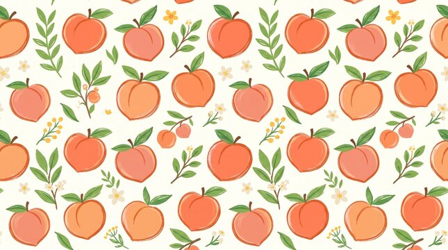 Seamless peach pattern with leaves and flowers hand-drawn vector fruit