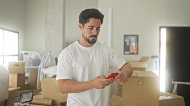 Man holds smartphone and leans on cardboard box with visible hands, tapping screen in building; contentment moving day.