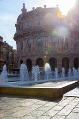 Fountain at Piazza De Ferrari and Palazzo della Borsa in Genoa © dejtan05