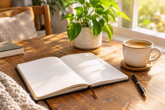 Cozy morning coffee beside an open blank notebook on a wooden table, with soft sunlight and an indoor plant creating a peaceful home atmosphere and lifestyle setting.