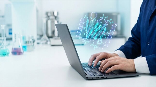 Biopharmaceutical Drug Discovery Protein Folding Structure on Laptop in Laboratory with Wide Copy Space