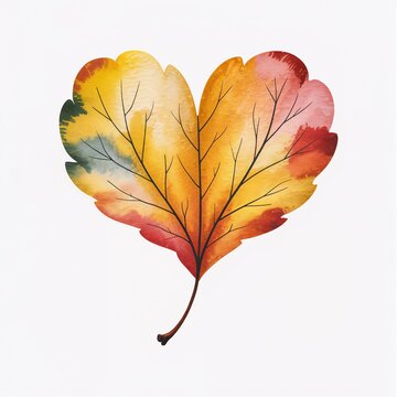 Colorful watercolor painting of autumn leaf in heart shaped form, broad lobes filled with golden yellow, orange, red, and muted green washes, fine dark veins and curved stem on clean white background