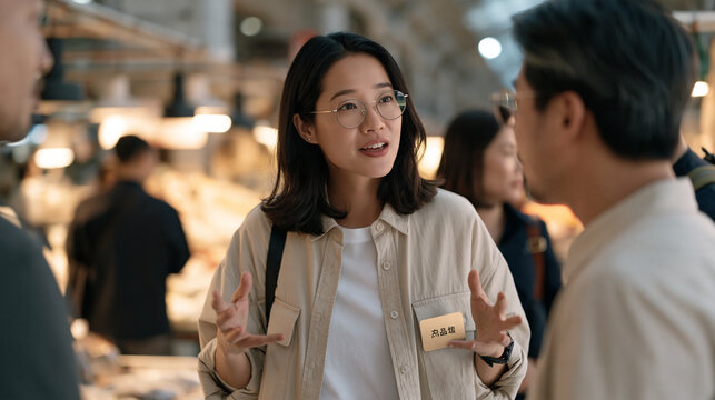 A sign language interpreter in a vibrant covered market explains a product concept to a quality inspection team, name badge catching the light, wide establishing shot showing the
