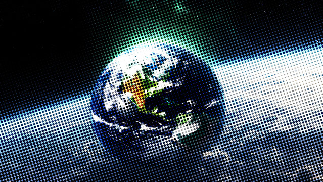 Planet earth viewed from space, stylized with a prominent halftone dot pattern effect