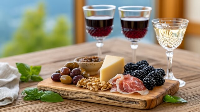 Gourmet Charcuterie Board with Wine on a Wooden Table