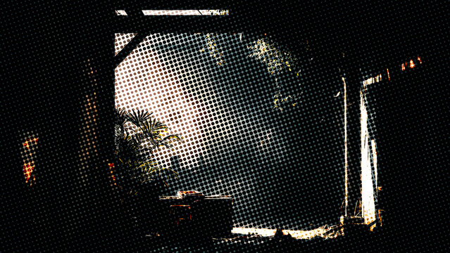 View from a dark interior looking out toward a bright light with a halftone dot texture