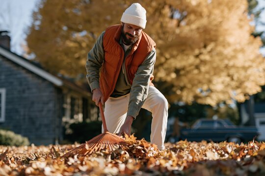 Bearded man raking fall leaves in a suburban yard for seasonal layout and print use capturing outdoor chores and warm autumn tones