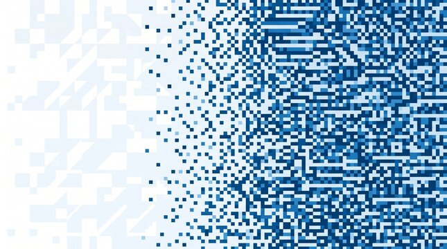 Abstract blue pixel data stream fading into white background for tech