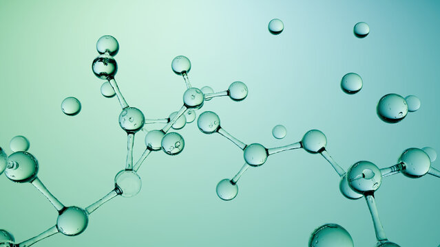 Molecule science chemistry atom bond bubble, transparent teal structure on gradient background, abstract laboratory research concept