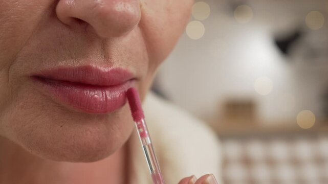 Senior woman applying lips balm lipstick