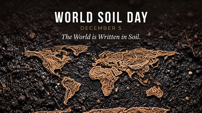 World map formed by soil texture on dark earth background for World Soil Day banner.
