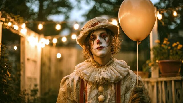 A sad clown holds a balloon against the backdrop of a night-time circus adorned with string lights. The concept of loneliness, celebration and sadness