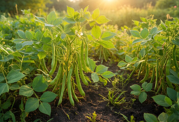 Fototapeta premium Sustainable agriculture and organic farming, green bean plants growing in a fertile field at sunset for food security and healthy nutrition harvest