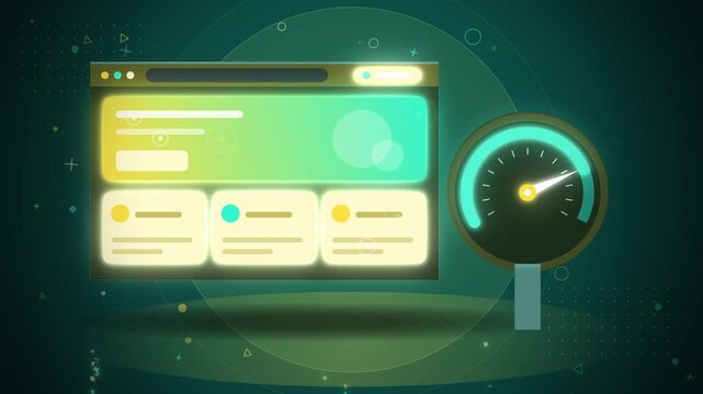 Startup website launch with traffic gauge needle rising on teal