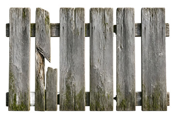 Fototapeta premium Old weathered wooden fence with broken planks weathered wood rustic fence