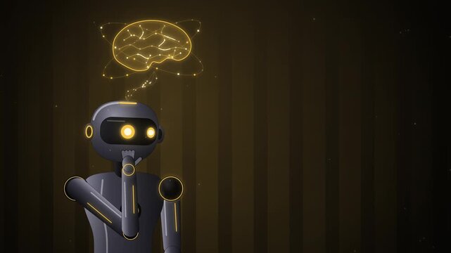 Black robot hand on chin under gold brain hologram seamless loop