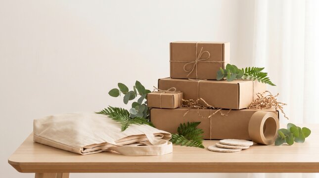 Eco friendly packaging, cardboard boxes with twine and plants on wooden table