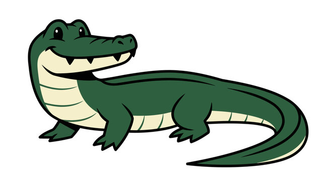 Green alligator cartoon vector illustration, crocodile reptile character side view with cream belly, wild swamp animal isolated on white