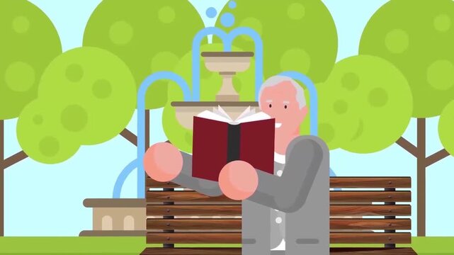 Elderly man reading book on park bench vector animation background motion footage