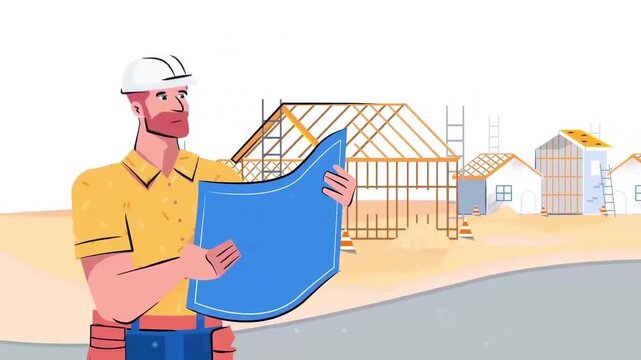 Architect reviewing building blueprints at construction site video animation