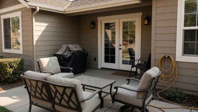 Exterior house patio area painted light beige color has sloping roof there large windows left side white shutt