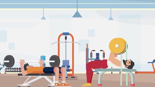 Animated men lifting heavy barbell weights while working out on benches inside modern indoor gym fitness center video footage