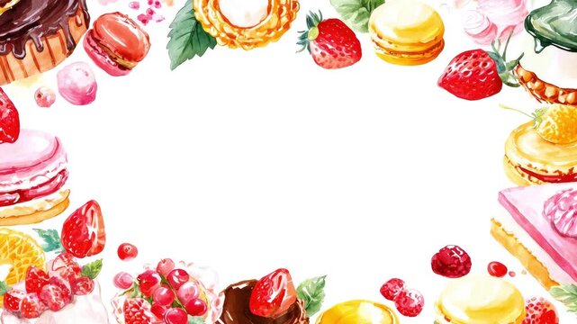 Watercolor frame with desserts, berries, and fruits on a white background. Copy space. Concept design for a banner and children's party decor