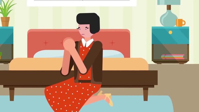 Sad woman kneeling down beside bed praying with folded hands in animated motion clip video format