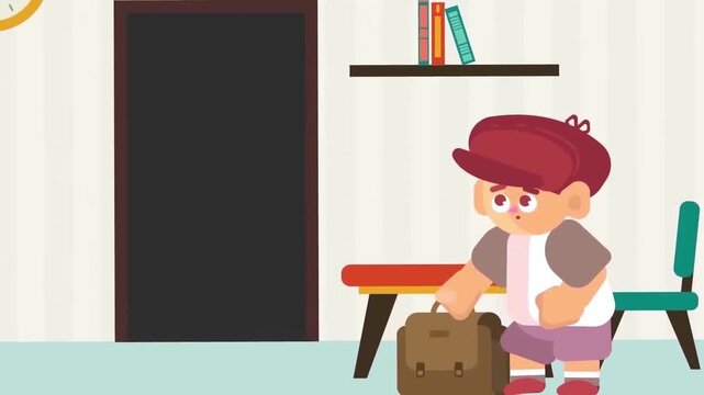 Animated boy preparing for school by picking up his brown leather briefcase in digital video motion footage