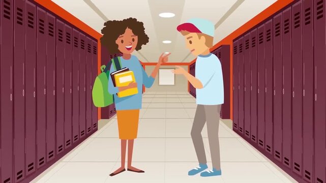 Smiling students talking together in high school hallway locker corridor during animated cartoon video footage clip