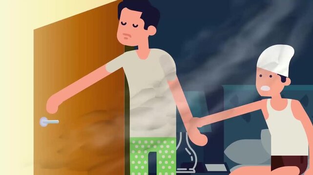 Sleepwalking husband guided by worried wife inside dark bedroom during night time motion