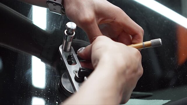 Professional mechanic fixing and restoring chipped car windshield glass close up, auto technician using special polymer resin injector tool kit to repair chip and crack damage on vehicle windscreen. 
