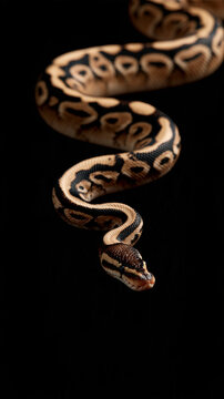 A striking ball python curving gracefully against a black background.