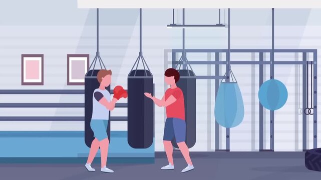 Two young men practicing boxing sparring inside a modern fitness gym with punching bags in motion footage