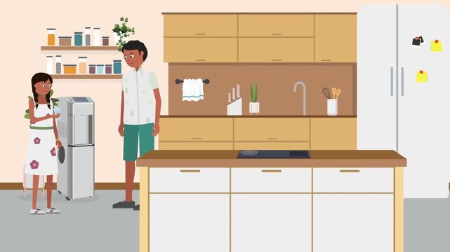 Animated video footage of happy family members drinking fresh water in modern kitchen illustration clip