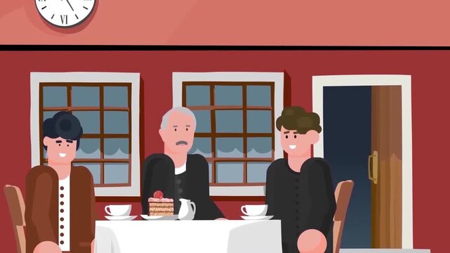 Animated family members having lunch together inside cozy restaurant interior vector footage clip