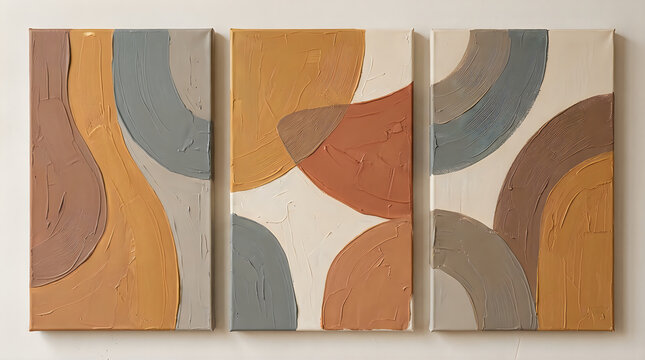 Abstract triptych wall art with geometric shapes in brown and grey colors for modern home decor