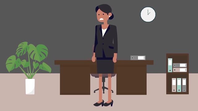 Confused businesswoman standing in modern office environment looking frustrated during company meeting animation footage clip