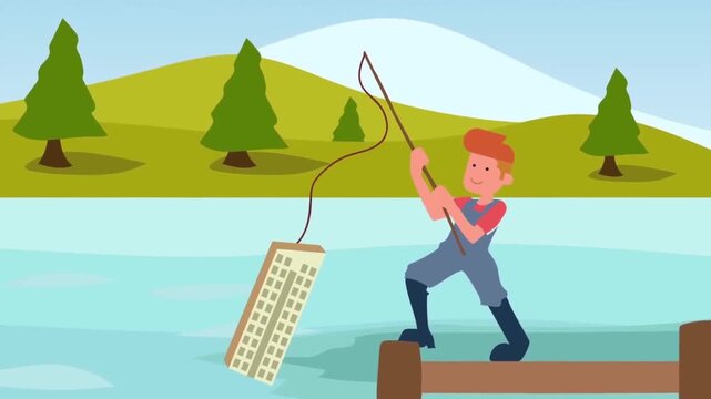 Cartoon man fishing with a computer keyboard as catch in digital animation motion footage clip