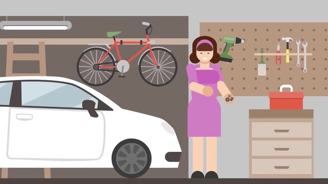 Woman assembling mechanical gears inside residential home garage video motion footage containing graphic design style elements