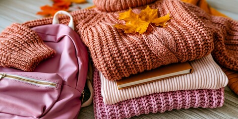 Fototapeta premium Cozy autumn outfit with knitted sweaters, pink backpack, notebook, and maple leaf on wooden surface, warm tones, lifestyle fashion concept.