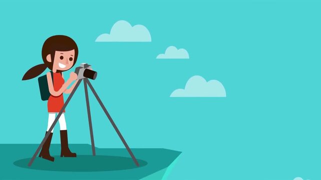 Cartoon female traveler taking pictures with camera on tripod outdoor animation motion video clip
