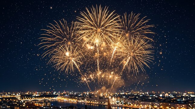 Espectacular celebraci&oacute;n de A&ntilde;o Nuevo con fuegos artificiales dorados, estrellas brillantes y elegante cielo nocturno, con espacio para a&ntilde;adir texto.