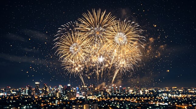 Espectacular celebraci&oacute;n de A&ntilde;o Nuevo con fuegos artificiales dorados, estrellas brillantes y elegante cielo nocturno, con espacio para a&ntilde;adir texto.