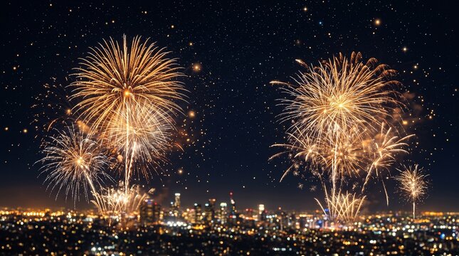 Espectacular celebraci&oacute;n de A&ntilde;o Nuevo con fuegos artificiales dorados, estrellas brillantes y elegante cielo nocturno, con espacio para a&ntilde;adir texto.